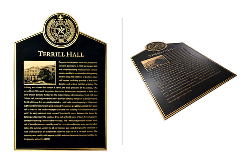 A custom bronze plaque for Terrill Hall with a raised emblem, etched text, gold accents, and a historic building image.