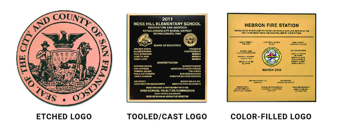 Three types of custom plaques: etched logo, tooled/cast logo, and color-filled logo, showcasing intricate detailing and finishes.